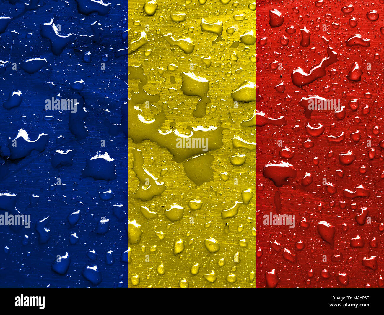 Bandiera della Romania con gocce di pioggia Foto Stock