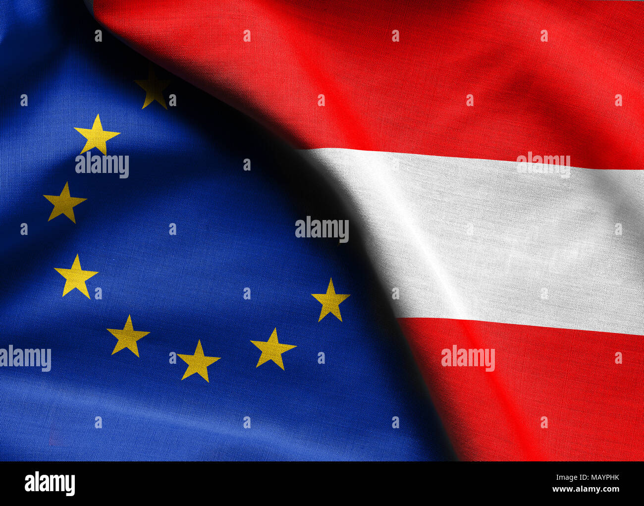 Bandiere dell'Austria e l'Unione europea. Foto Stock