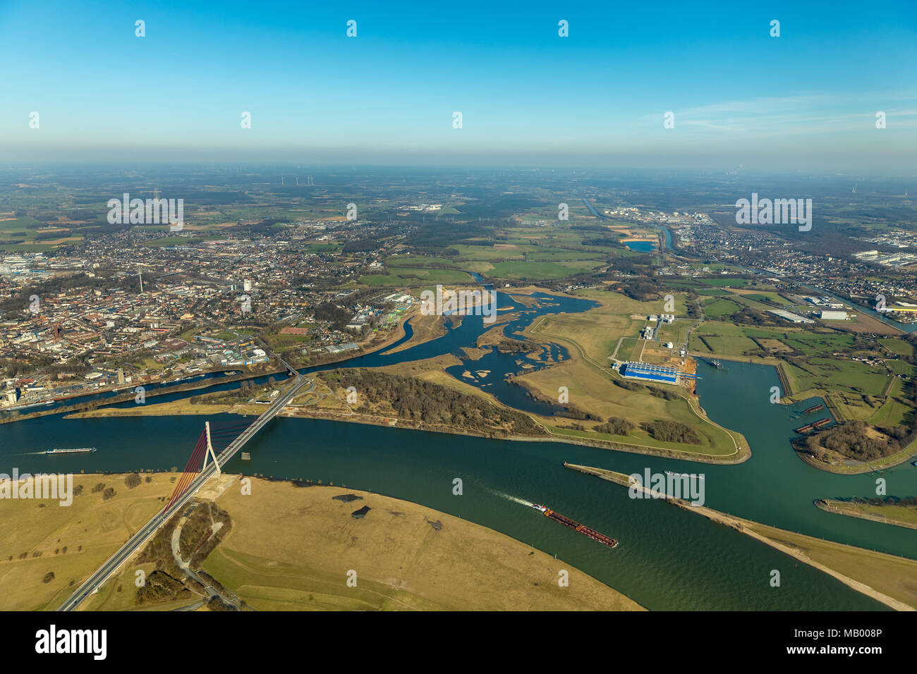 Lippe estuario, Lippe delta, la foce del fiume Lippe nel Reno, Wesel, la zona della Ruhr, Basso Reno, Renania settentrionale-Vestfalia Foto Stock