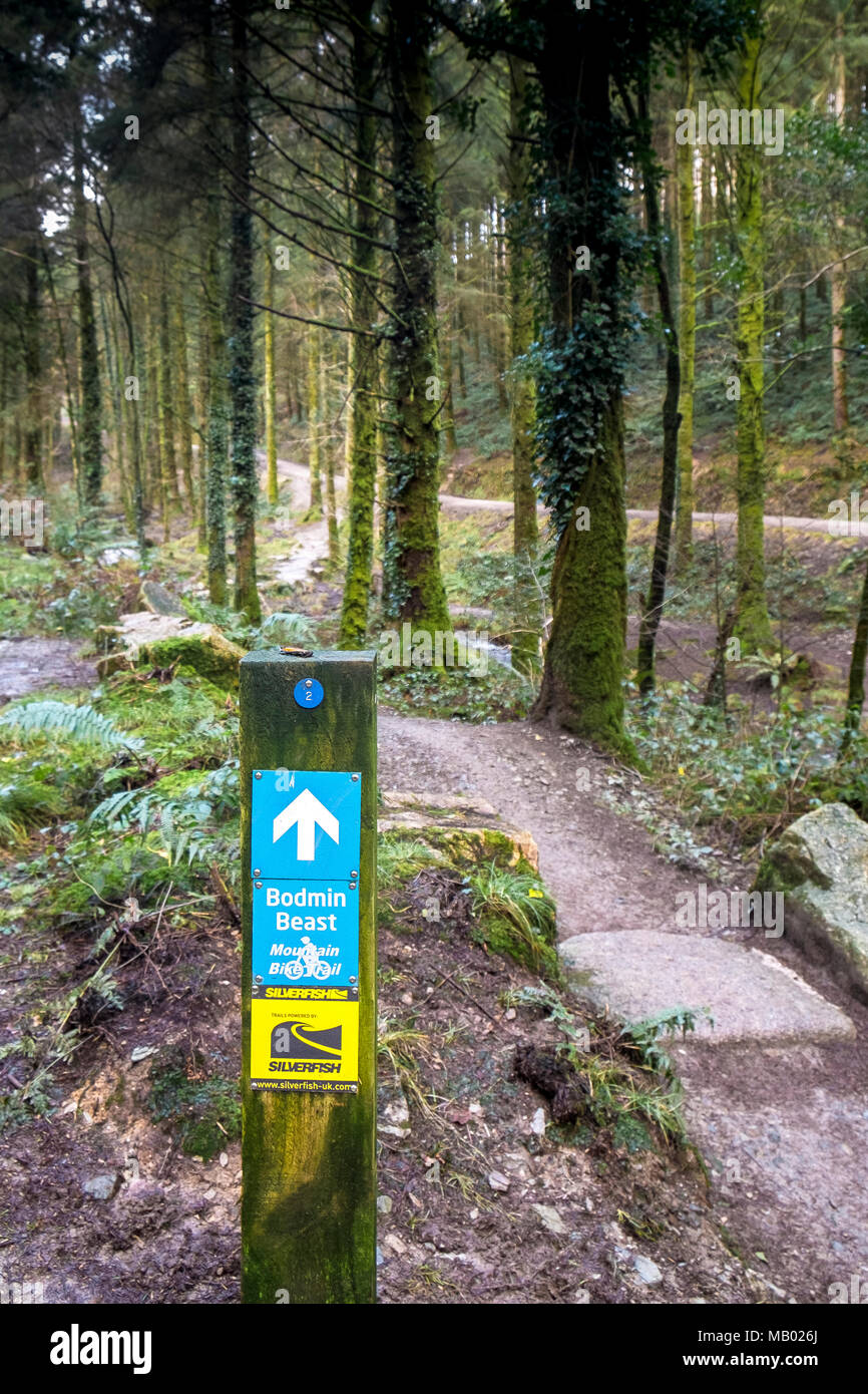 Un cartello in legno dando indicazioni per la Bestia di Bodmin mountain bike trail in Cardinham boschi in Bodmin in Cornovaglia. Foto Stock