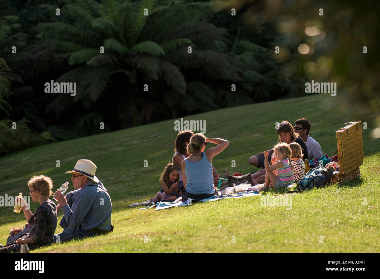 Famiglie godendo una serata pic nic sul prato di giardino Trebah in Cornovaglia. Foto Stock