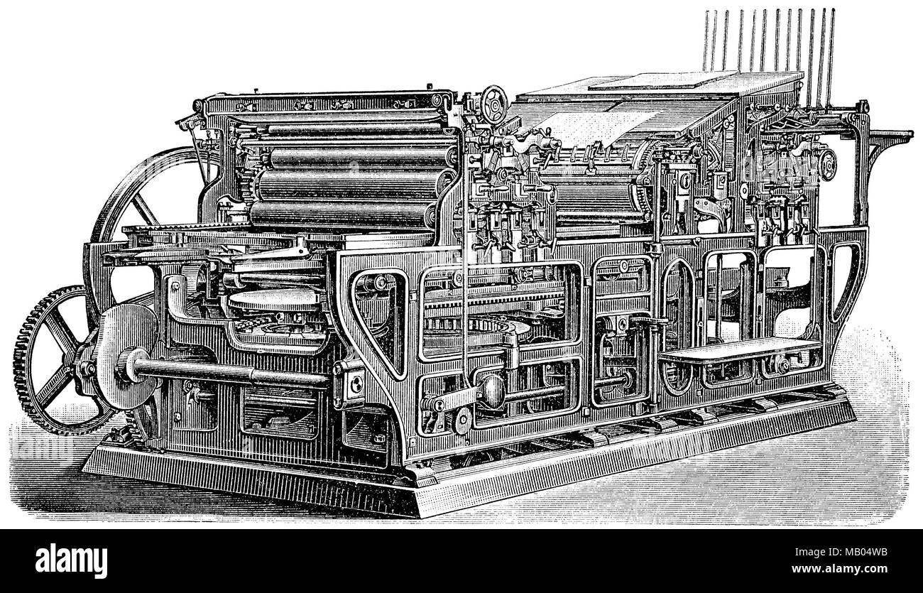 Zweifarbendruckschnellpresse, von KÃ¶nig & Bauer. La stampa a due colori stampa veloce, da KÃ¶nig & Bauer, digitale migliorata la riproduzione di un originale stampa da l'anno 1895 Foto Stock