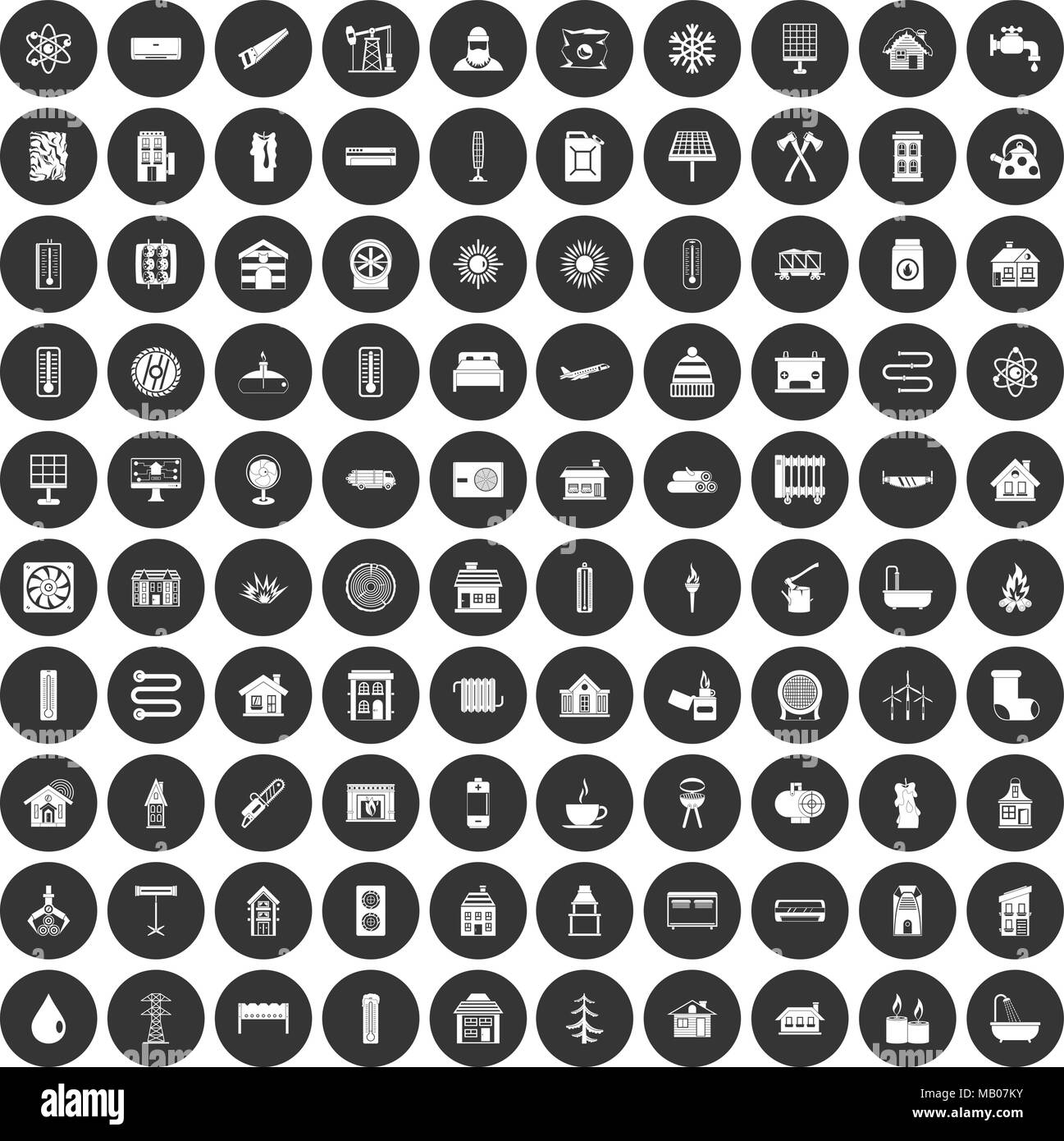 100 Riscaldamento set di icone cerchio nero Illustrazione Vettoriale