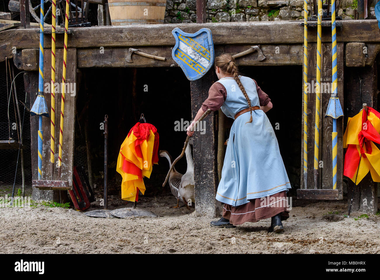 PROVINS, Francia - 31 Marzo 2018: Unidentified bellissima ragazza con cigni durante la ricostruzione medioevale della Leggenda dei Cavalieri Foto Stock