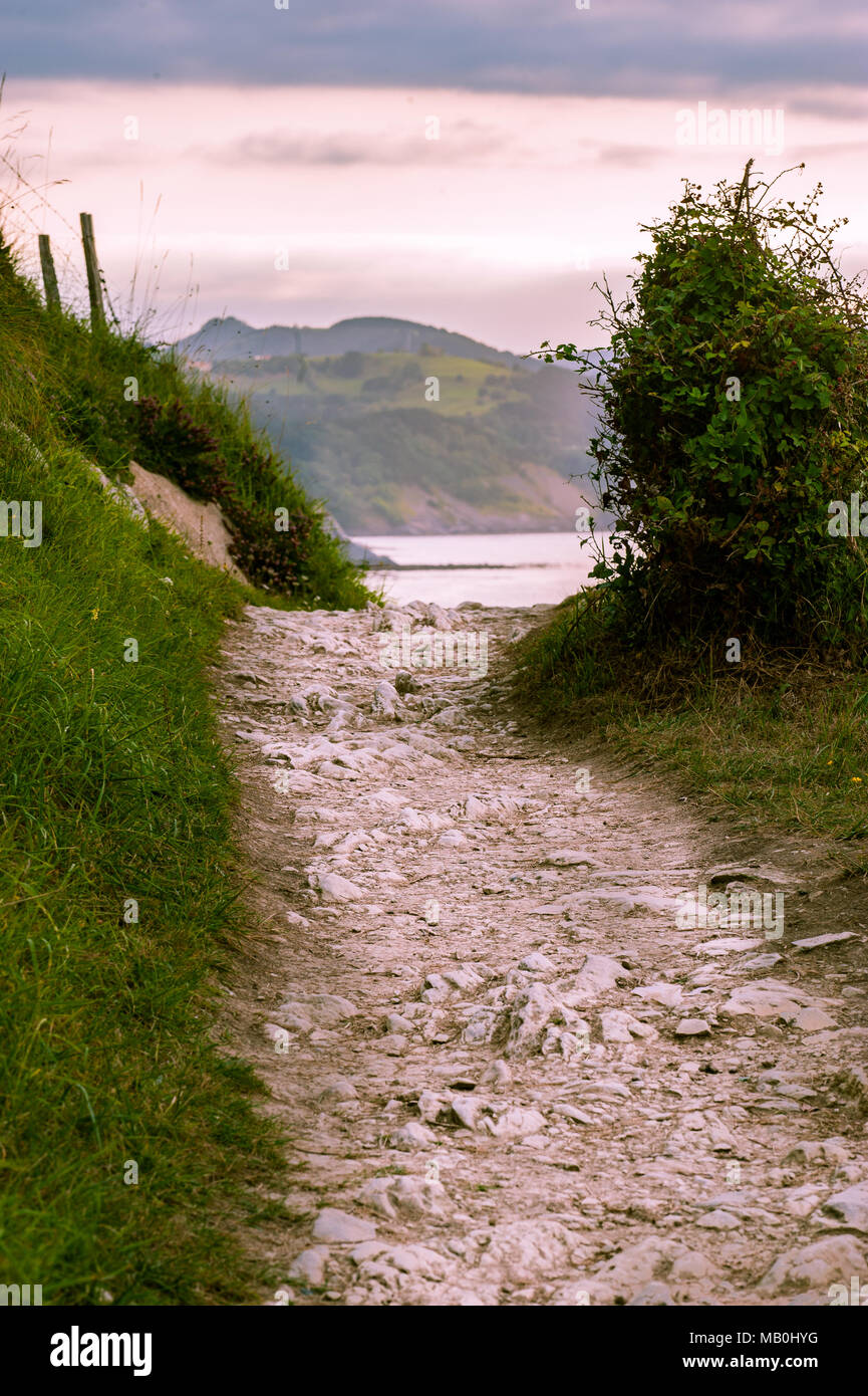 Un rustique stoney il sentiero che conduce a farway seashore Foto Stock