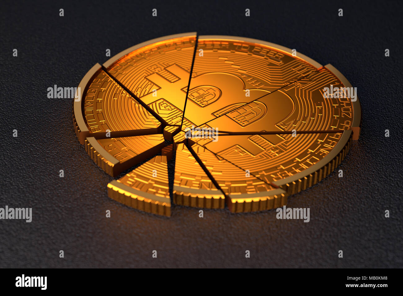 Bitcoin rotto su sfondo scuro. Concetto illustra bitcoin crash, bitcoin scoppio di una bolla o cryptocurrency crollo del mercato Foto Stock
