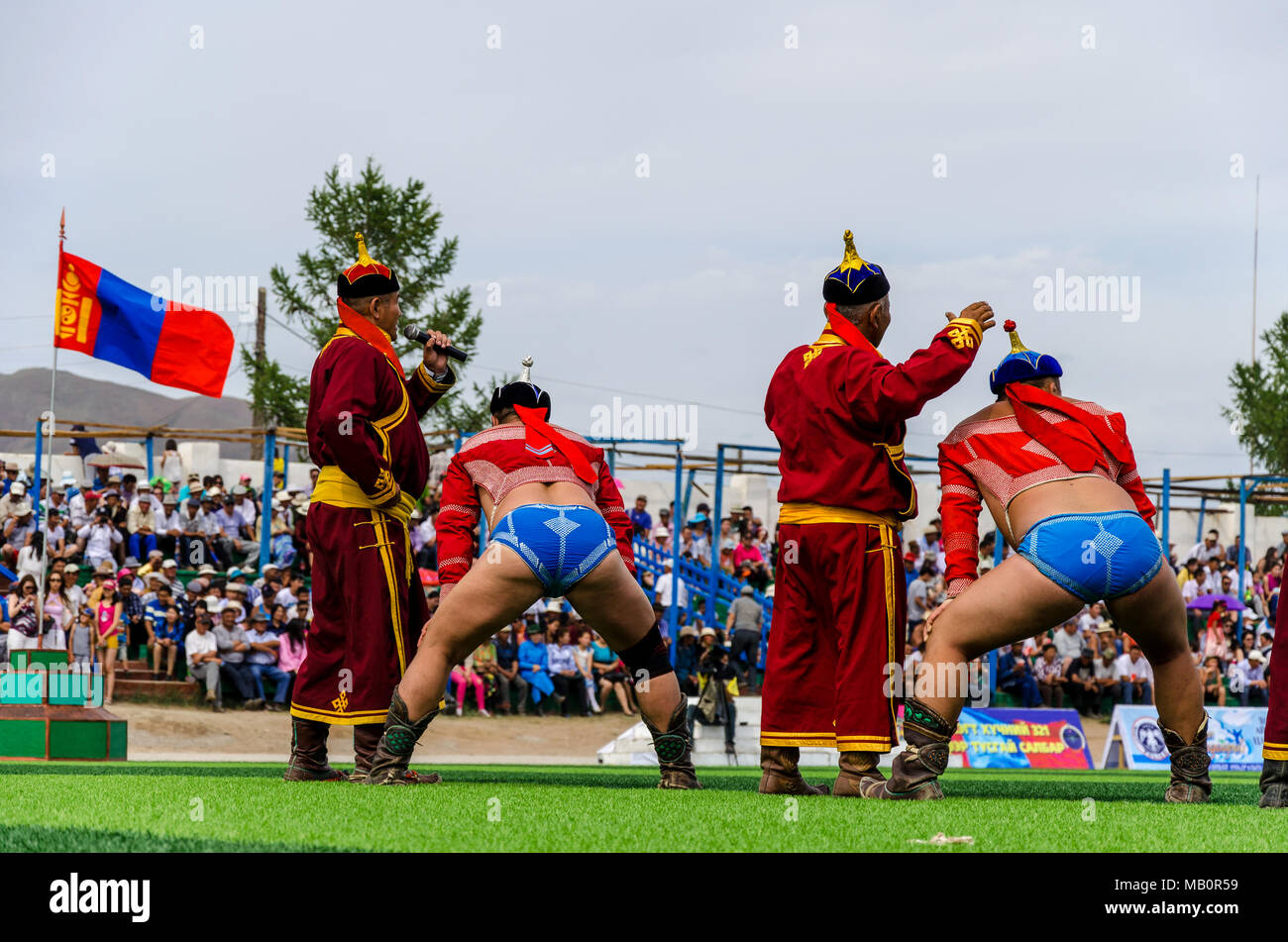 Wrestiling Concorrenza, Naadam Festival, Murun, Mongolia Foto Stock