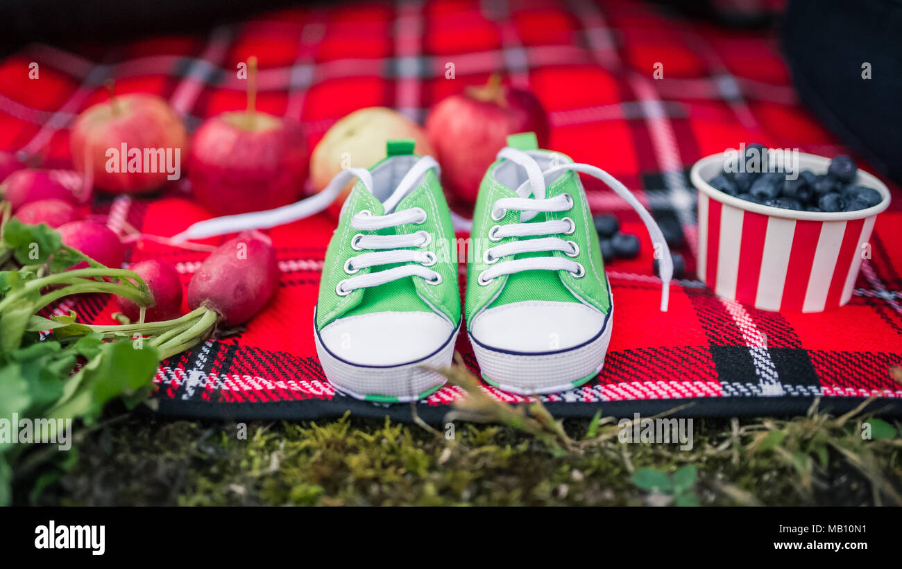 Green baby sneakers su tartan Coperta picnic Foto Stock