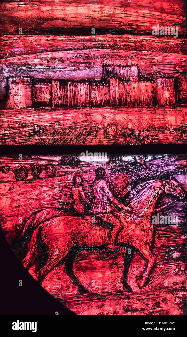 "Richard, duca di Gloucester e Anne Neville' equitazione al di fuori di Middleham Castle, la loro infanzia home, Thomas Denny (2016), la cattedrale di Leicester, Regno Unito Foto Stock