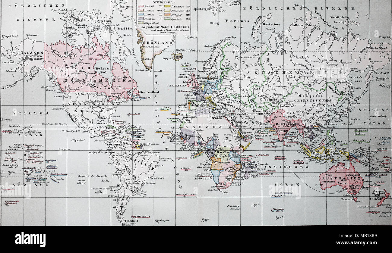 Landkarte der Kolonien der europÃ¤ischen Staaten, 1895, mappa delle colonie degli stati europei, digitale migliorata la riproduzione di un originale stampa da l'anno 1895 Foto Stock