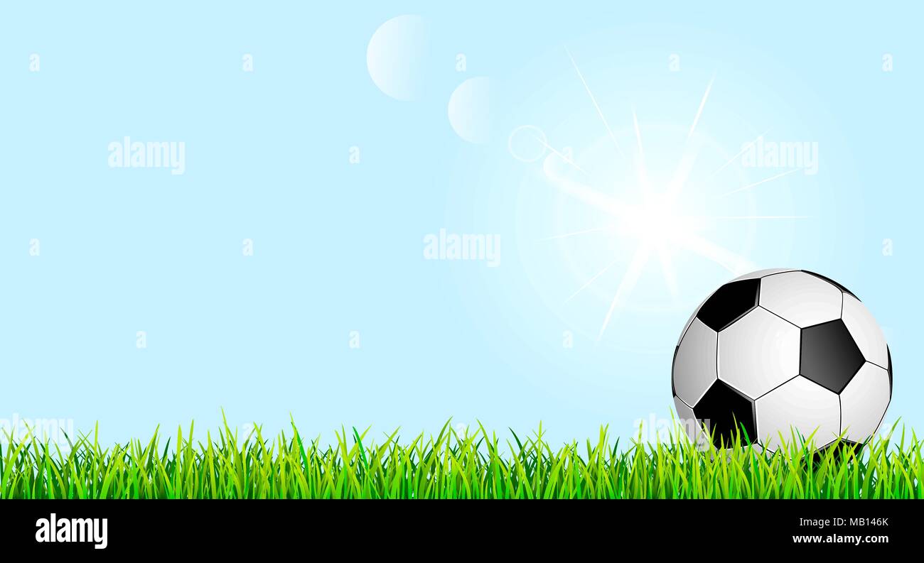 Banner con pallone da calcio e prato. Pallone da calcio in erba verde contro il cielo blu. Illustrazione Vettoriale