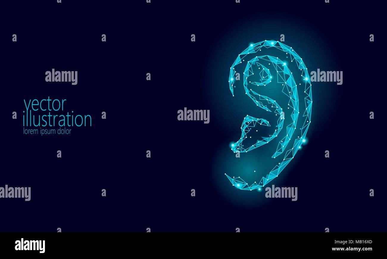 Il mondo dei sordi audizione giorno. Orecchio umano organ bassa poli. Triangolo poligonale della linea punto particella innovazione futuristico centro medico di prevenzione di aiuto consapevolezza illustrazione vettoriale poster Illustrazione Vettoriale