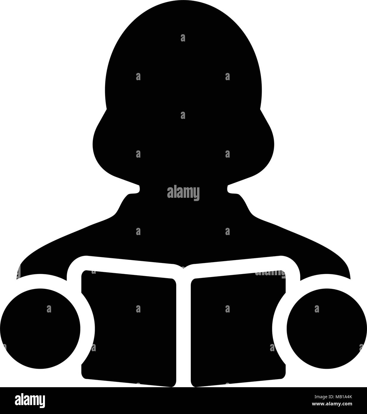 Icona a forma di libro il vettore con la femmina studente o insegnante Profilo persona Avatar per la scuola, college e università nel glifo illustrazione pittogramma Illustrazione Vettoriale