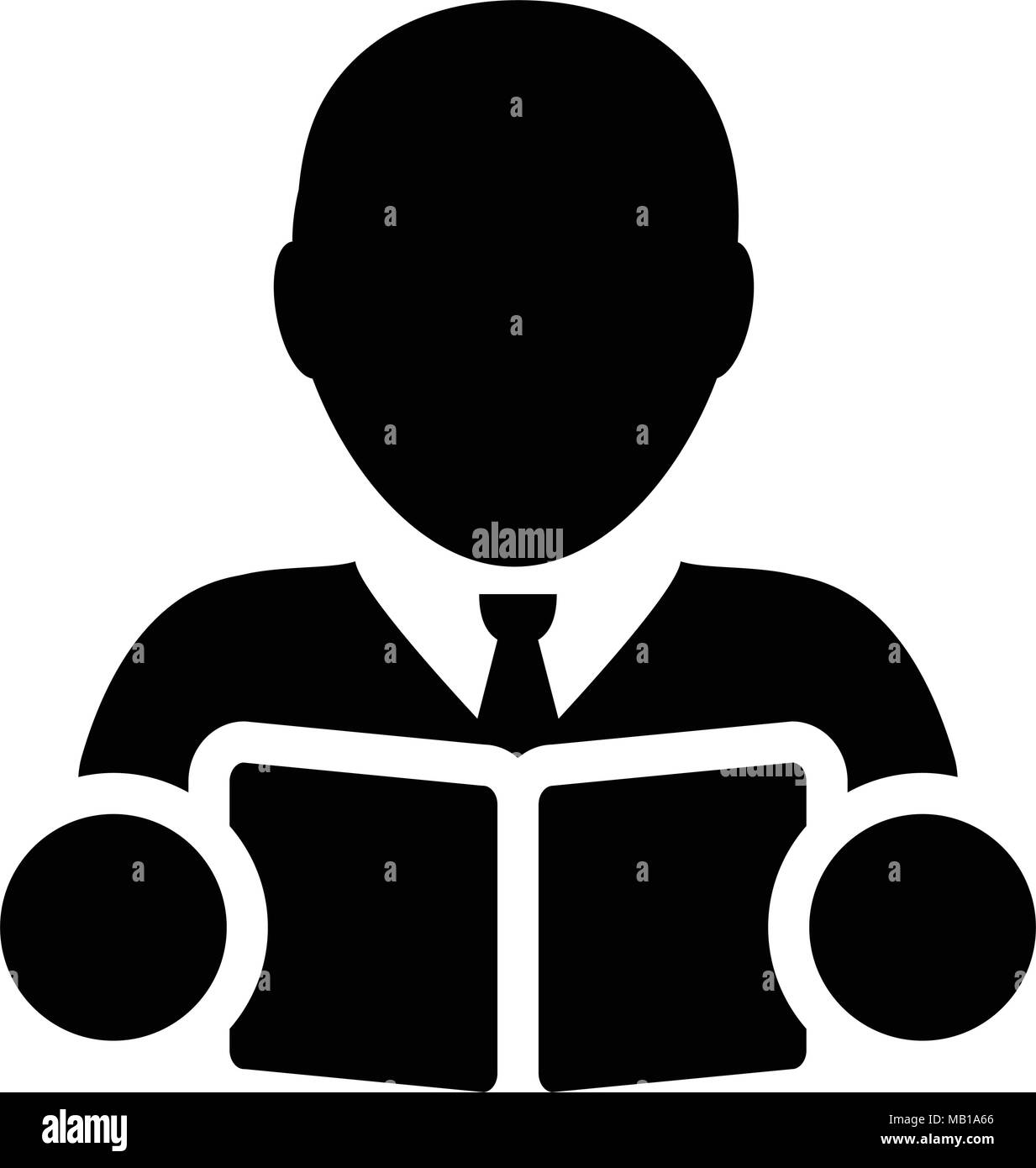 Icona a forma di libro vettore con maschio studente o insegnante Profilo persona Avatar per la scuola, college e università nel glifo illustrazione pittogramma Illustrazione Vettoriale