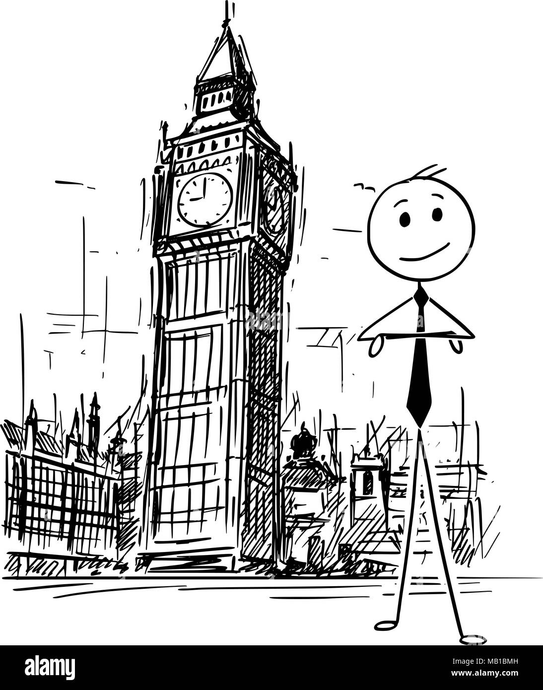 Cartoon di imprenditore in piedi nella parte anteriore del Big Ben Clock Tower a Londra in Inghilterra Illustrazione Vettoriale