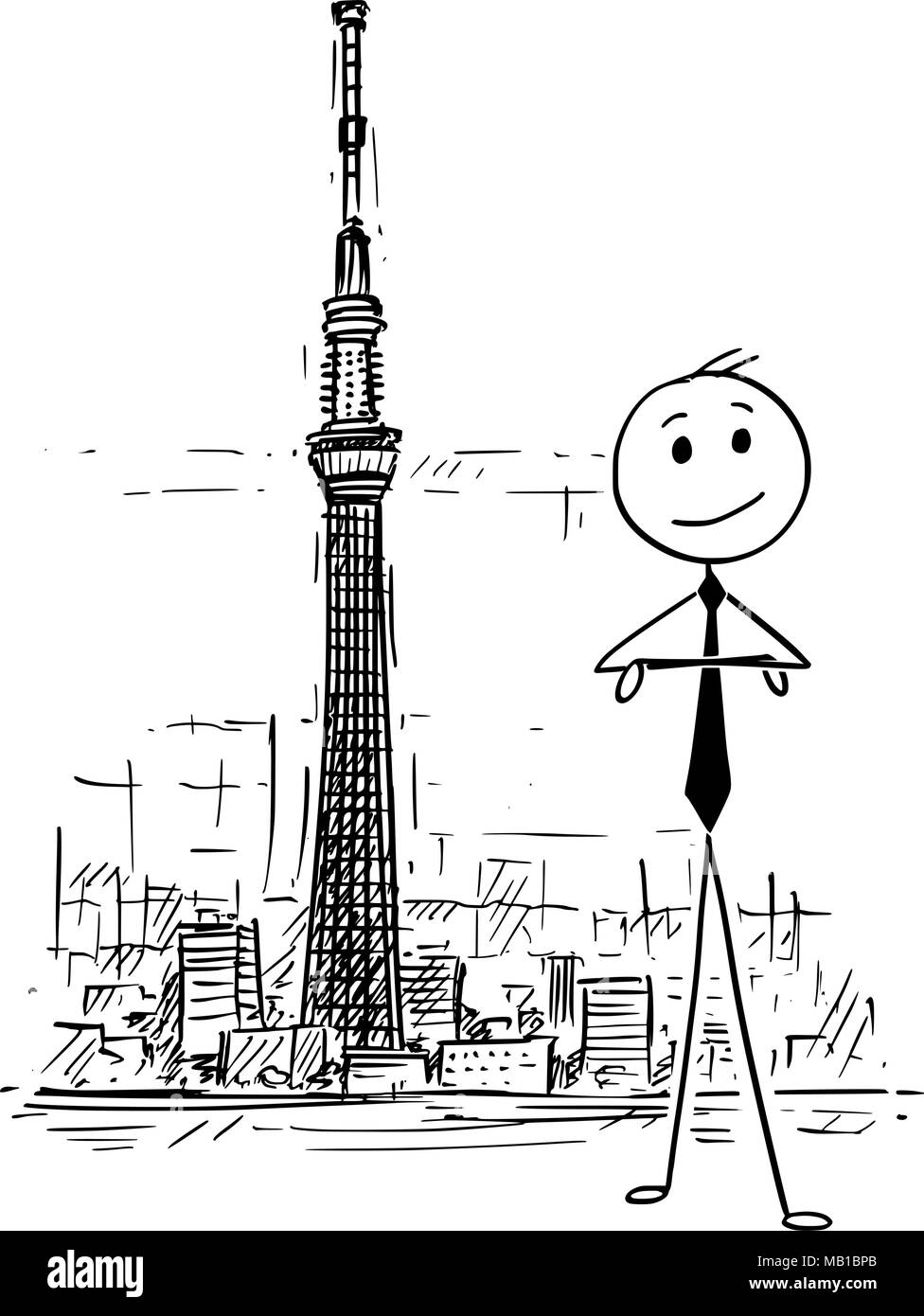 Cartoon di imprenditore in piedi di fronte a Tokyo Skytree tower, Giappone Illustrazione Vettoriale