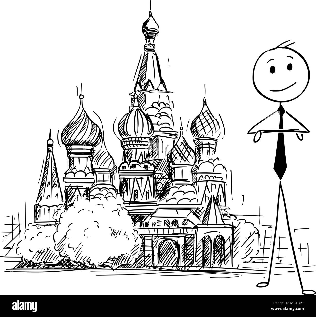 Cartoon di imprenditore in piedi di fronte a San Basilio la cattedrale di Mosca, Russia Illustrazione Vettoriale