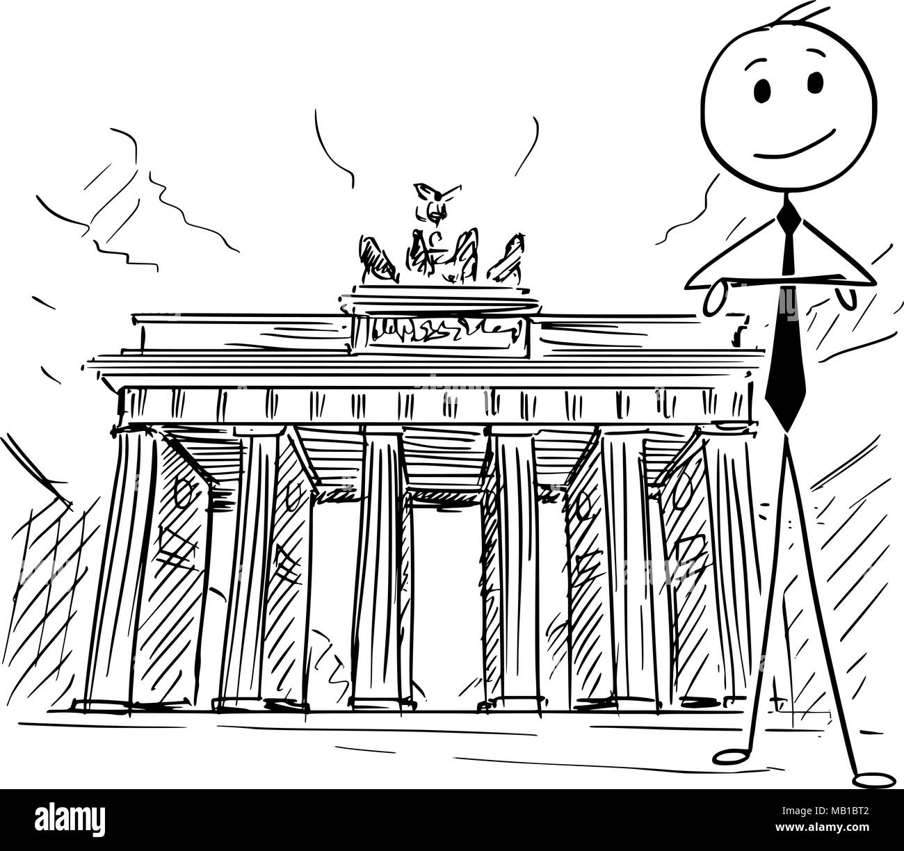 Cartoon di imprenditore in piedi nella parte anteriore della porta di Brandeburgo, Berlino, Germania Illustrazione Vettoriale