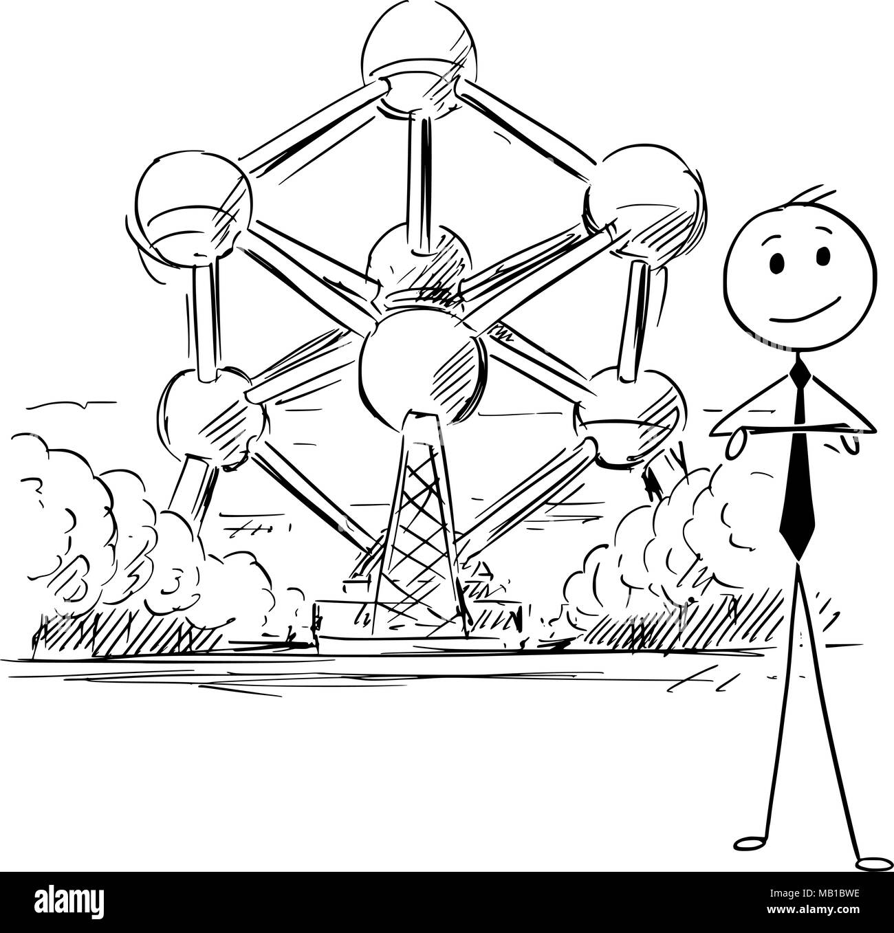 Cartoon di imprenditore in piedi nella parte anteriore del Atomium di Bruxelles, in Belgio Illustrazione Vettoriale