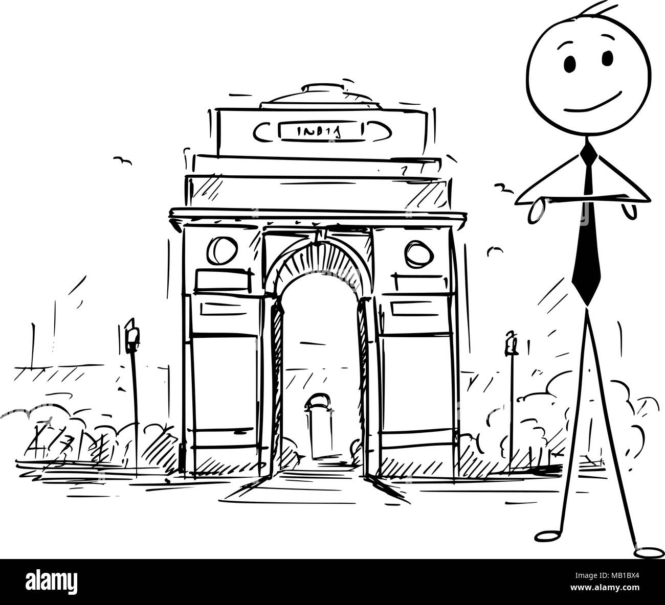 Cartoon di imprenditore in piedi davanti alla porta dell'India, New Delhi Illustrazione Vettoriale