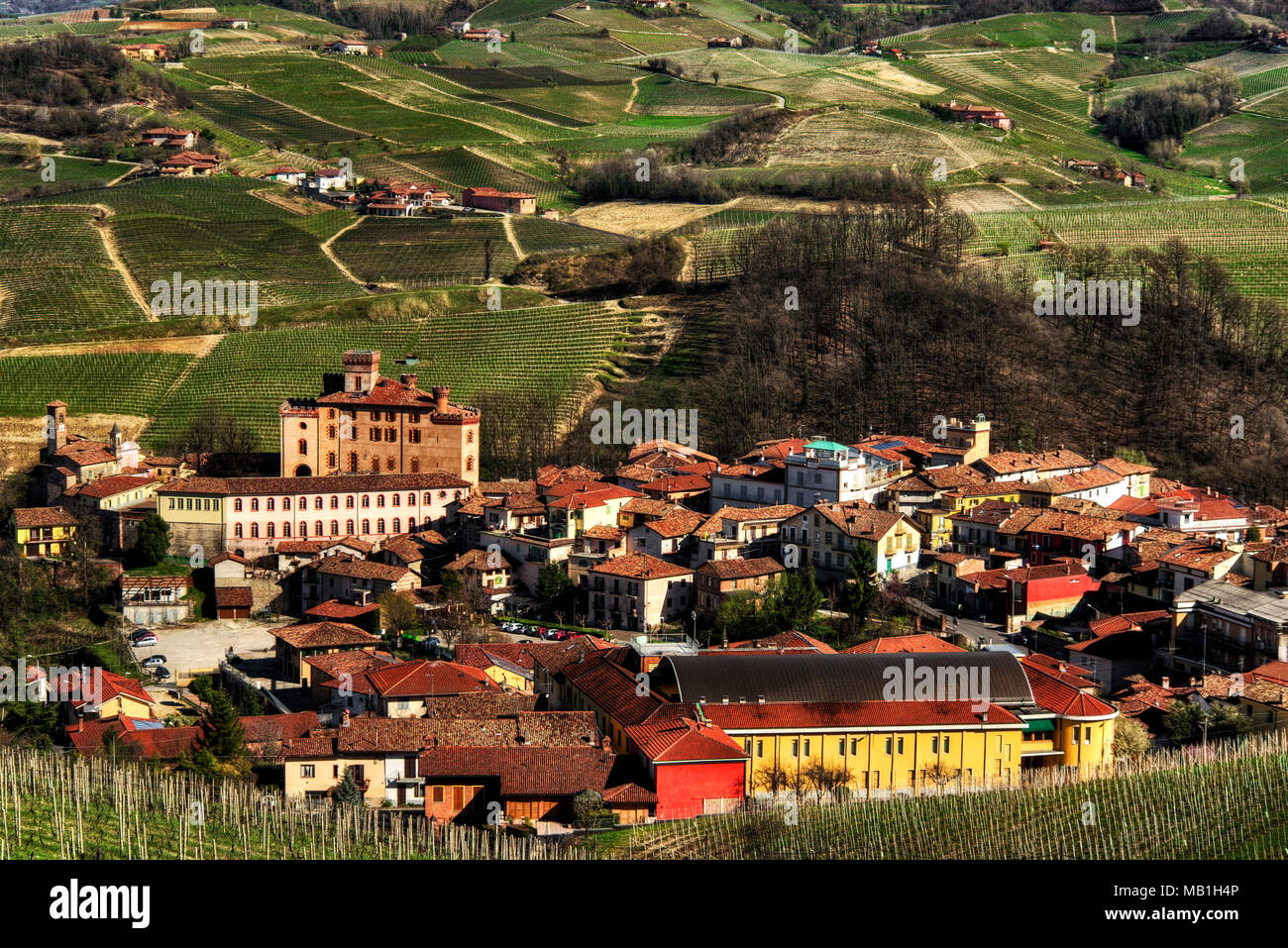 La città di Barolo con il castello Falletti, tra i vigneti, nel centro della zona dell'omonimo vino. Foto Stock