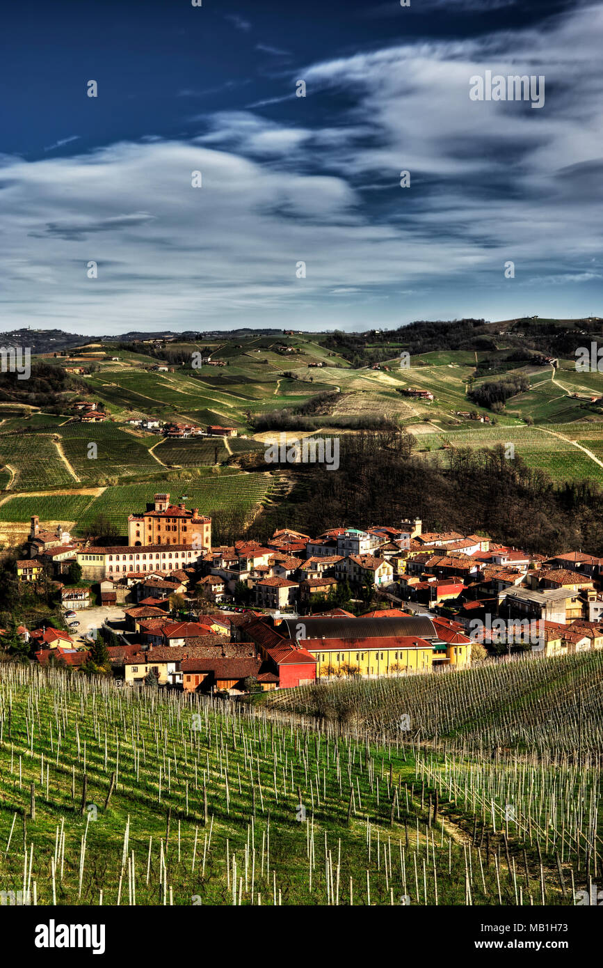 La città di Barolo con il castello Falletti, tra i vigneti, nel centro della zona dell'omonimo vino. Foto Stock