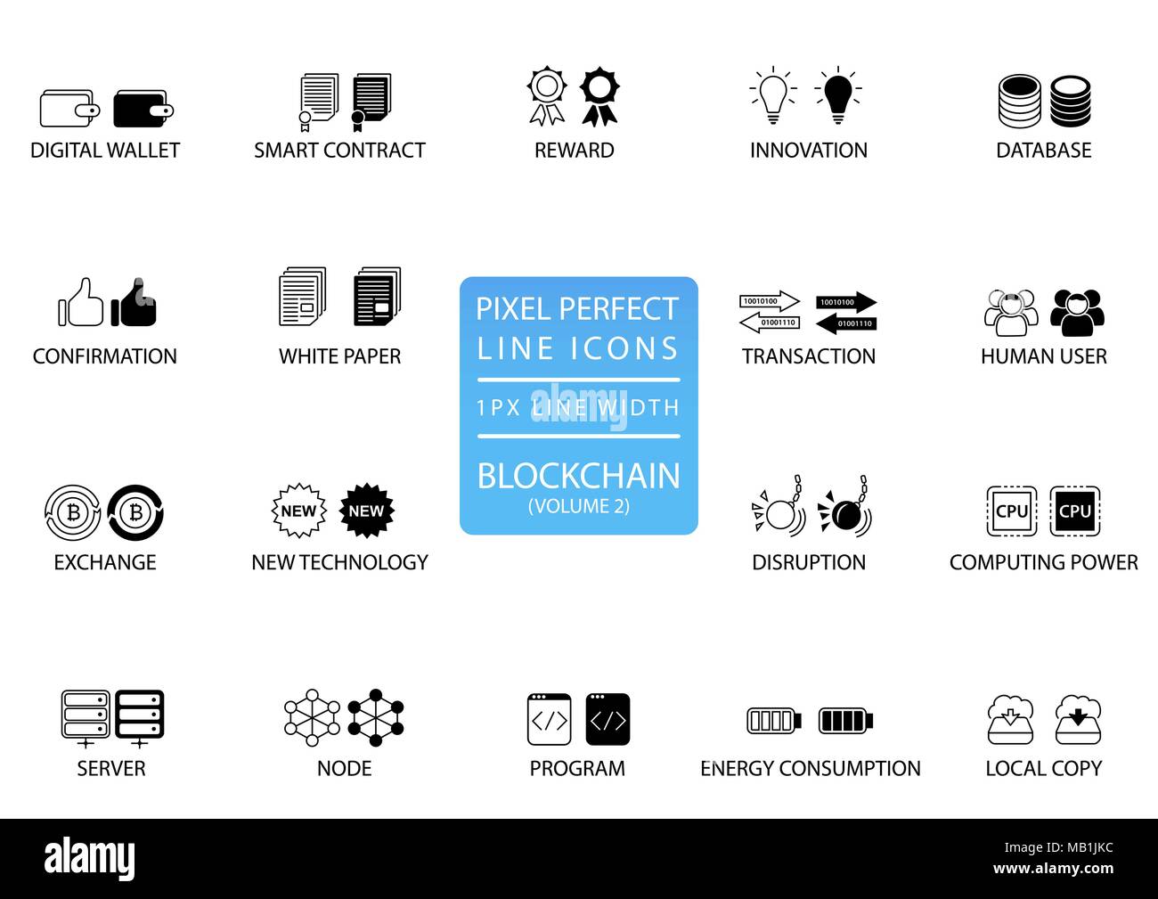 E Blockchain cryptocurrency sottile linea vector icon set. Pixel icone perfetto con 1 px di larghezza della linea per una ottimale applicazione e utilizzo del web Illustrazione Vettoriale