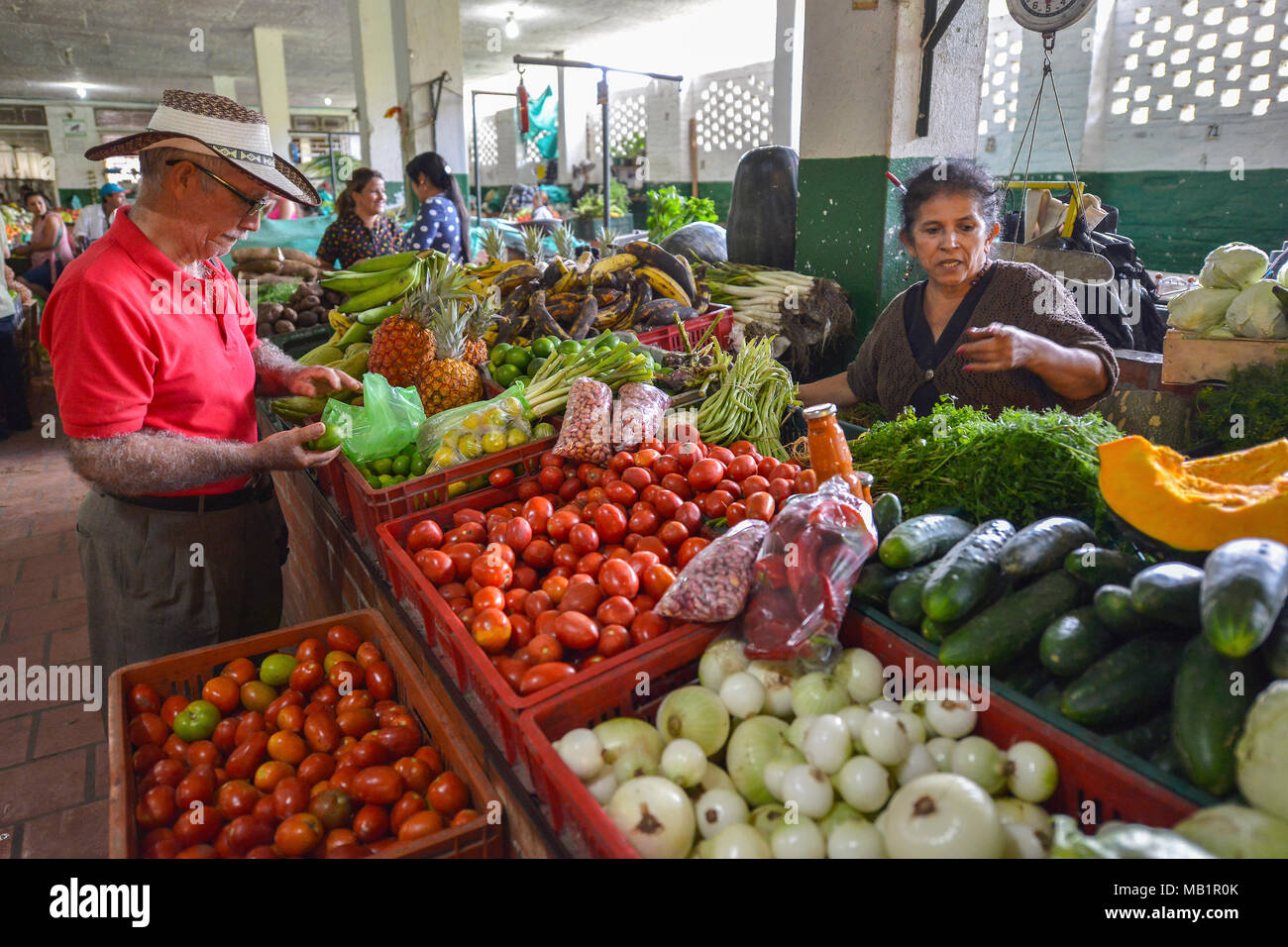 San Gil, Colombia - 10 agosto 2017: una donna non identificato la vendita di verdure al San Gil mercato in San Gil, Colombia. Foto Stock