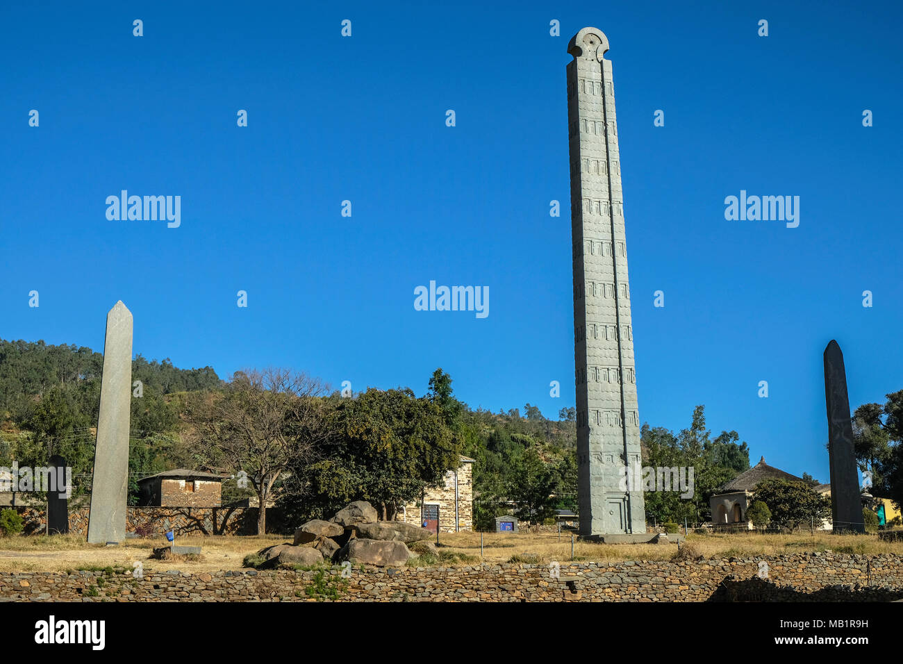 La stele di Aksum, famoso obelischi in Aksum, Etiopia, sito Patrimonio Mondiale dell'UNESCO. Foto Stock