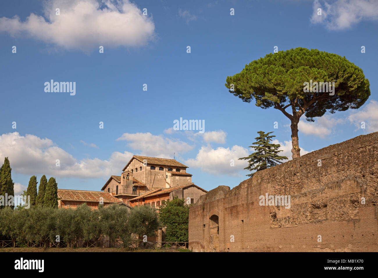 San Bonaventura al Palatino, il XVII secolo il monastero francescano sul Colle Palatino in Roma, Italia. Un pino di pietra può essere visto sulla parete, questi tree Foto Stock