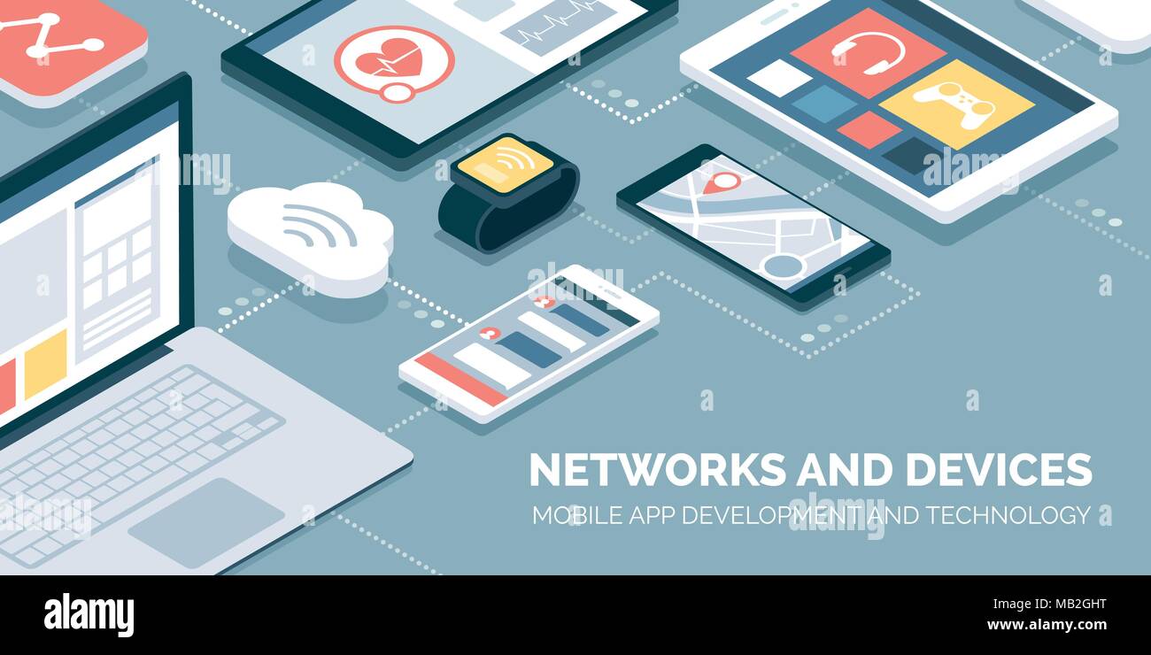 Rete di computer e touch screen smart dispositivi di connessione online: Mobile Apps, la tecnologia e i collegamenti Illustrazione Vettoriale
