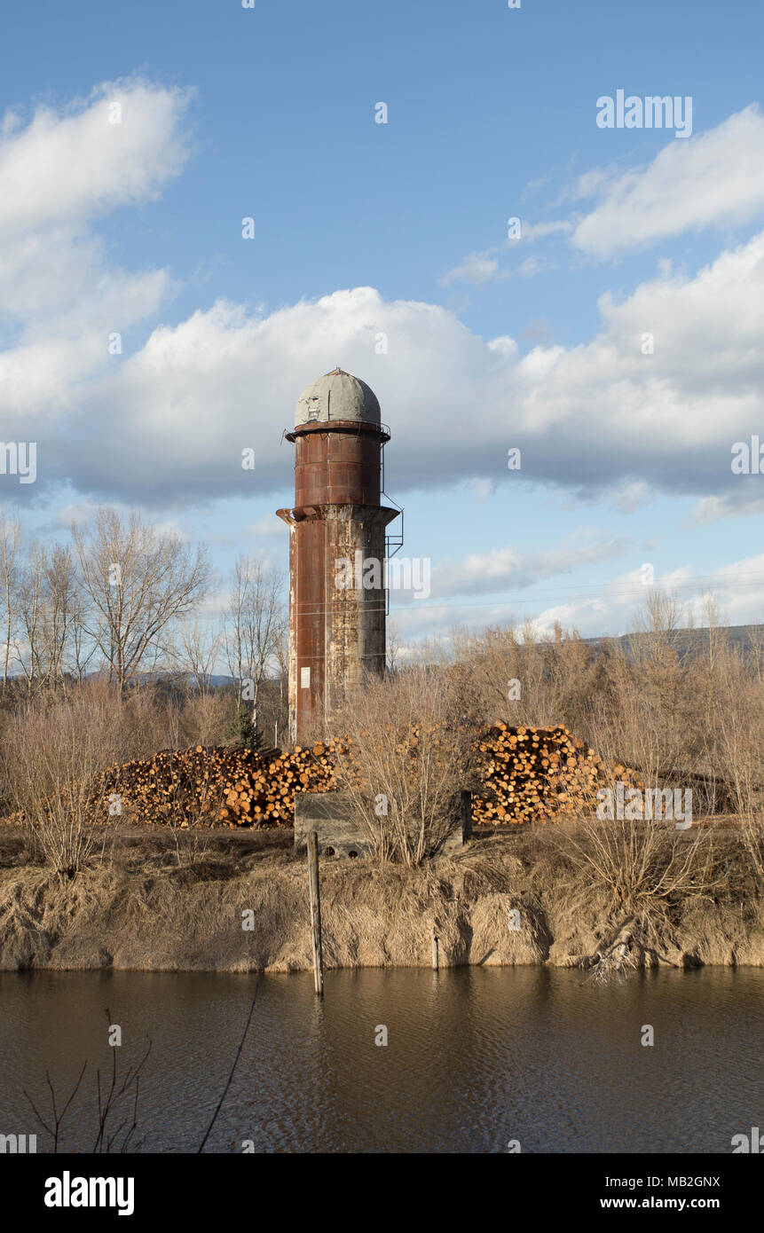 Pile di polpa di grado linea di registri il Mill road, sul cantiere, a Fodge prodotti di pasta di legno, con il vecchio Bonners Ferry legname Azienda rifiuti torre del forno in th Foto Stock