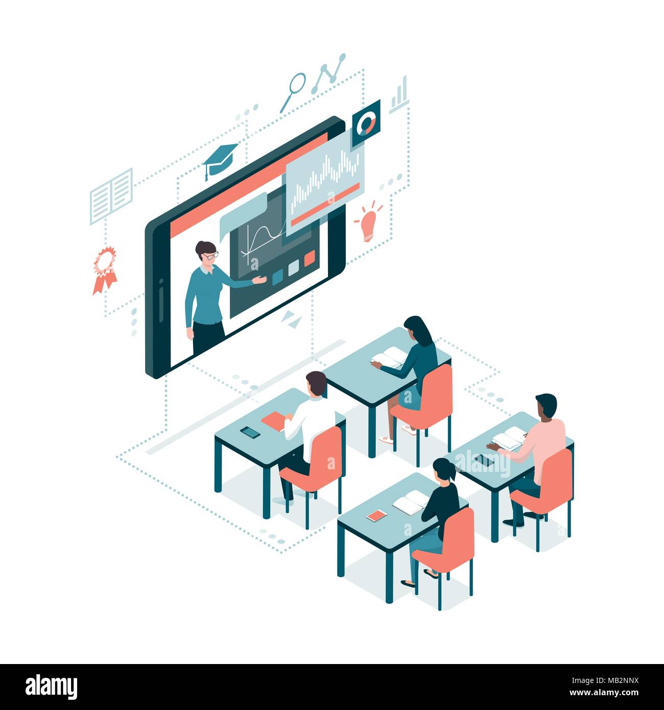 Il Professor parlando su una video conferenza su uno smartphone e gli studenti adulti apprendimento: corsi online e l'e-learning concept Illustrazione Vettoriale