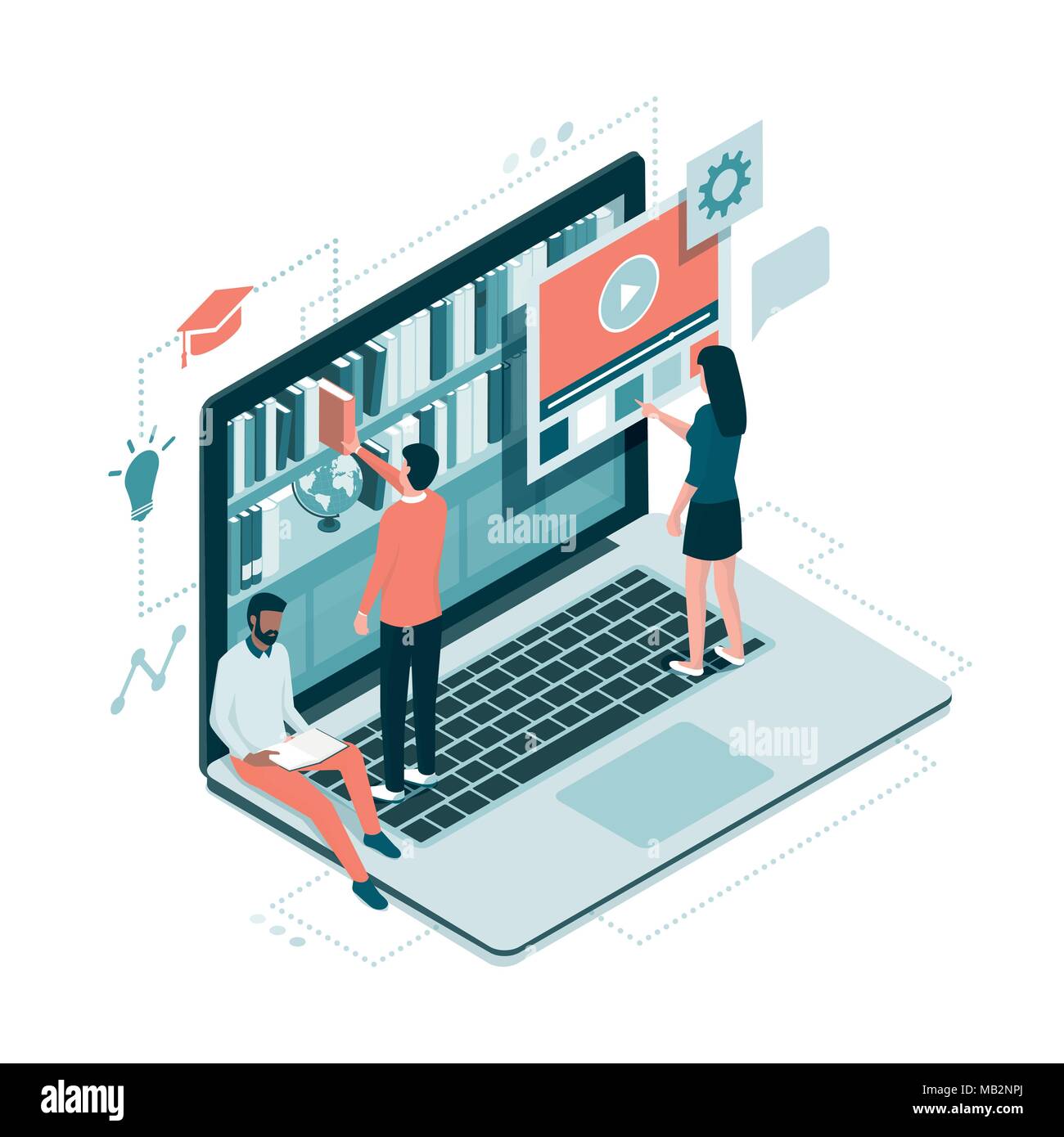 Persone che accedono alle conoscenze online su una libreria virtuale su un computer portatile, l'istruzione e l'e-learning concept Illustrazione Vettoriale