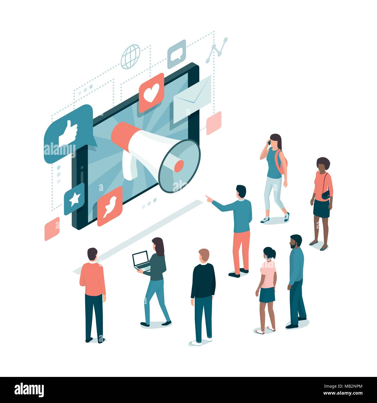 Megafono condividere i messaggi pubblicitari sui social media su uno smartphone, attirare gli utenti e nuovi clienti: strategie di marketing concept Illustrazione Vettoriale