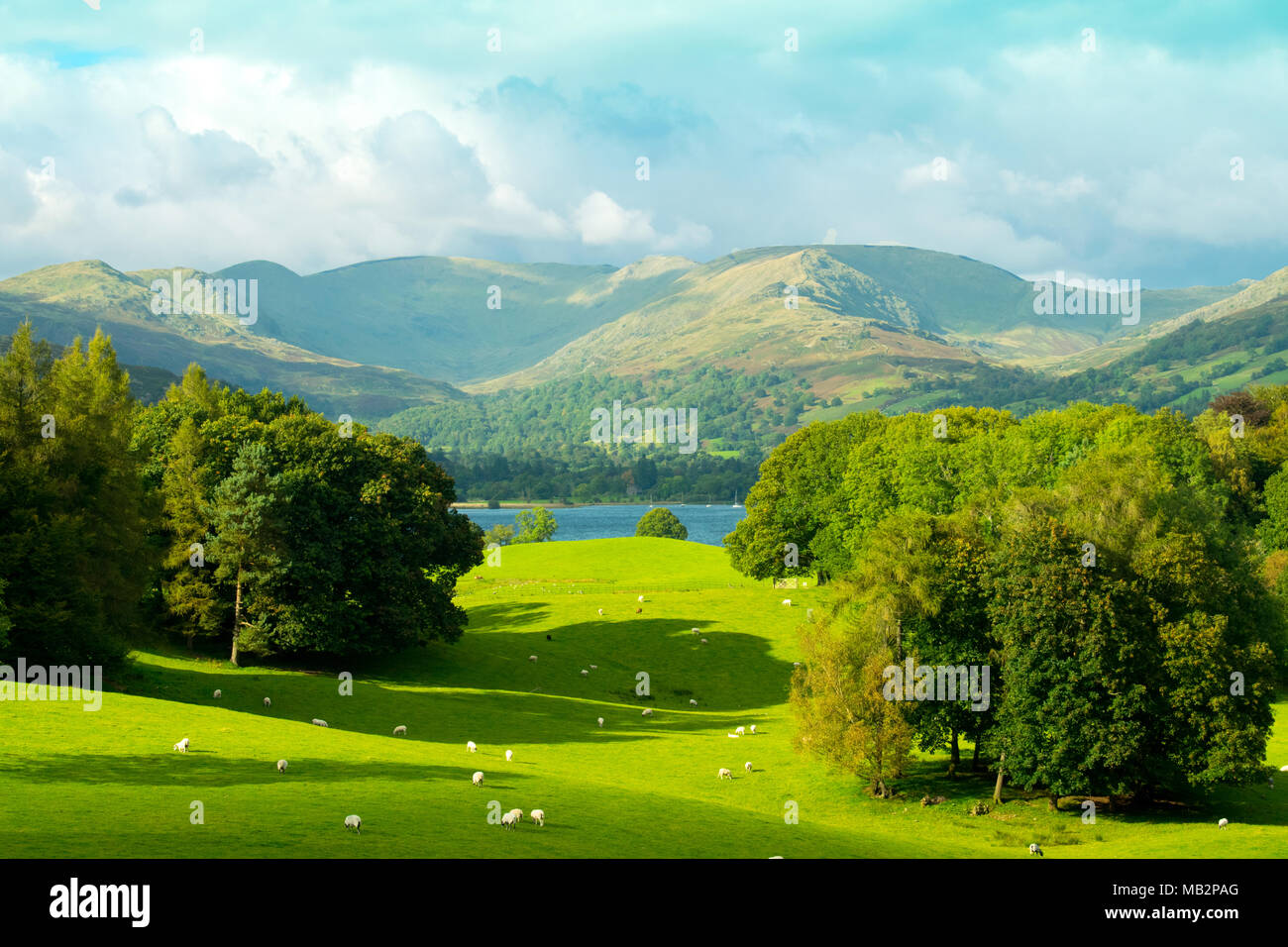 Vista di Fairfield Horshoe gamma della montagna e lago di Windermere, South Lakeland Fells, Lake District inglese. Cielo blu vista delle lussureggianti e verdi campi e colline Foto Stock
