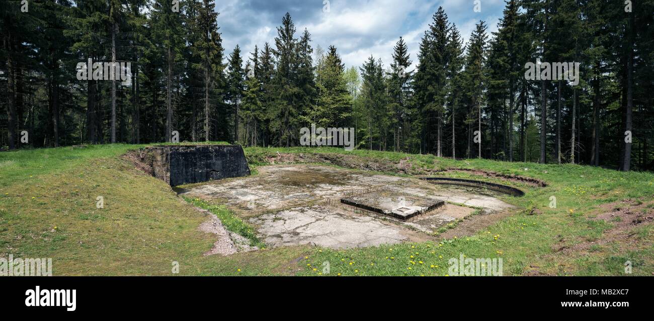 Una guerra mondiale due concreti di artiglieria posizione incompiuto con il bosco circostante Foto Stock