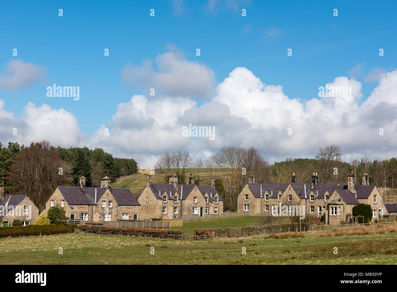 Fila di tradizionali cottage in pietra in un villaggio rurale britannico, sotto un cielo blu con nuvole, circondati da campi verdi e boschi Foto Stock