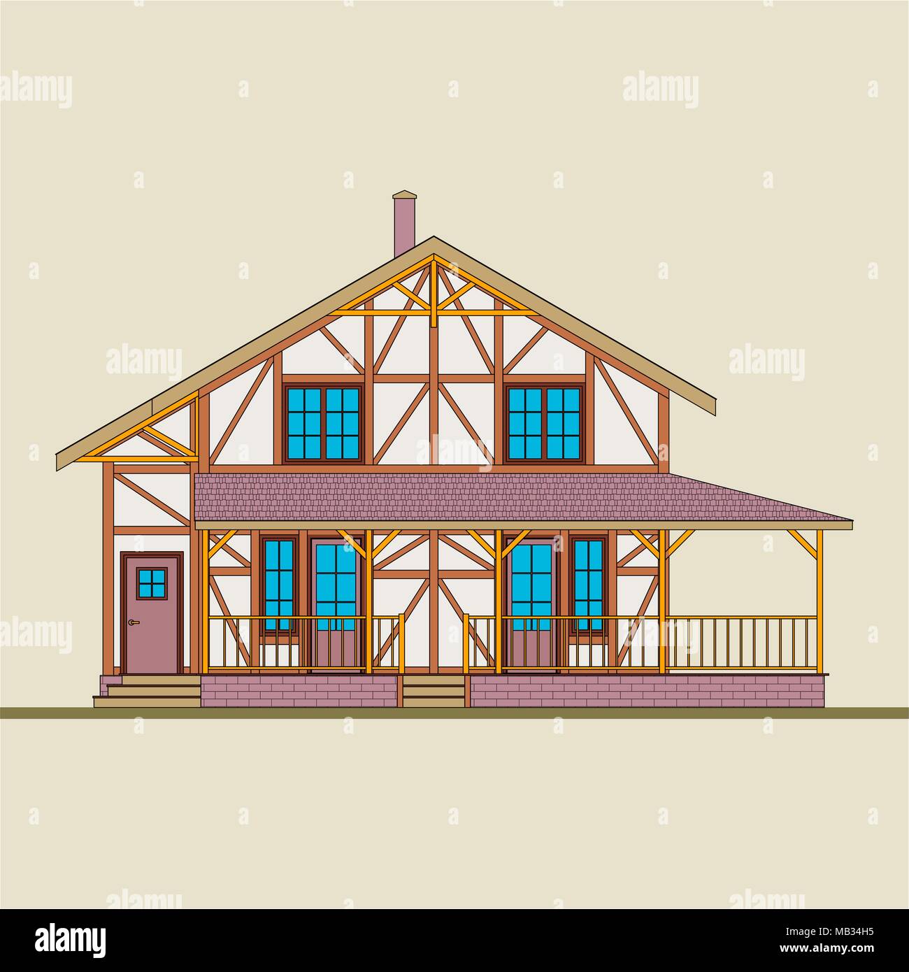 La casa è costruita in legno naturale e mattoni intonacata. 'Post-e-beam' costruzione, come uno stile di architettura di un appartamento. Illustrazione Vettoriale