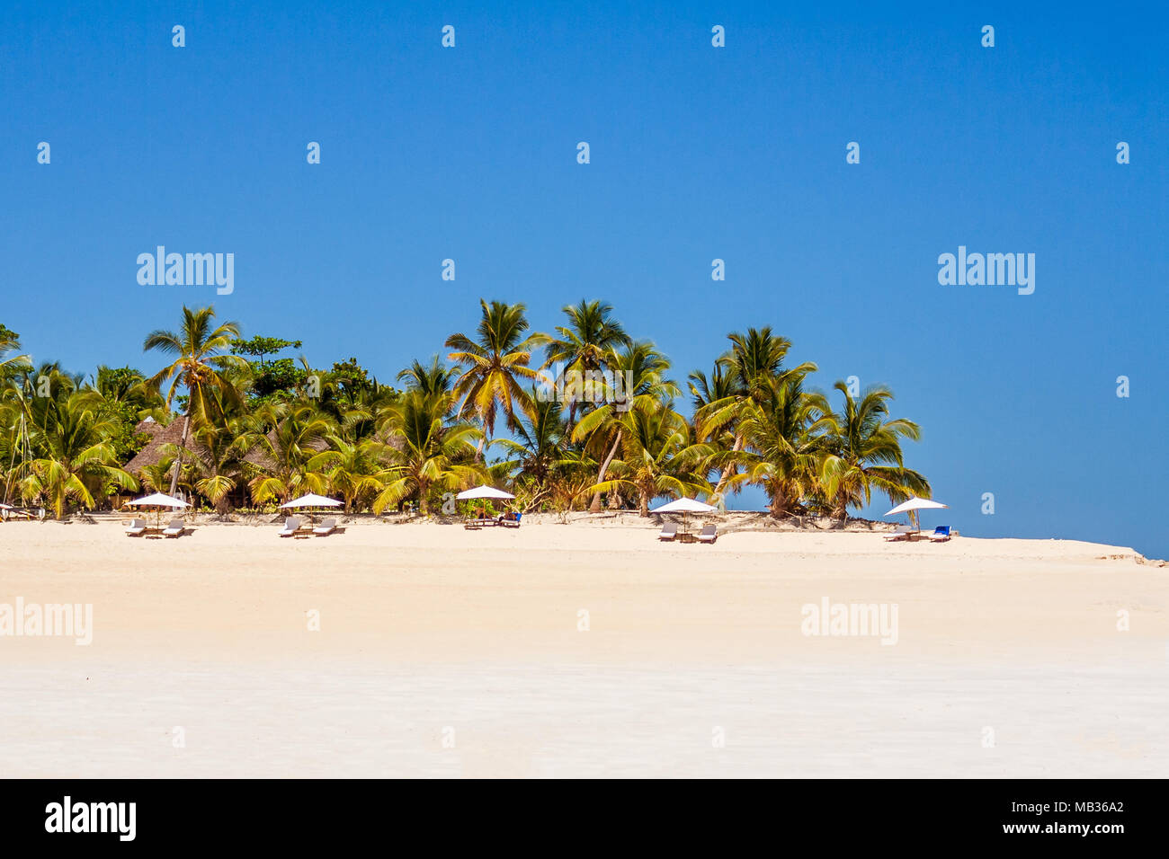 Spiaggia tropicale allineato con lettini e ombrelloni Foto Stock