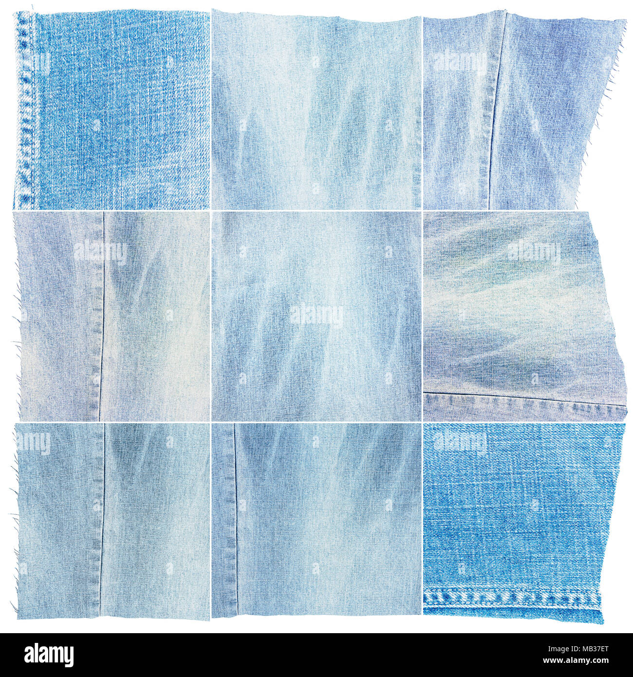 Raccolta di luce blu jeans tessuto texture isolati su sfondo bianco. Ruvida bordi irregolari. Square immagine composita di jeans textures Foto Stock