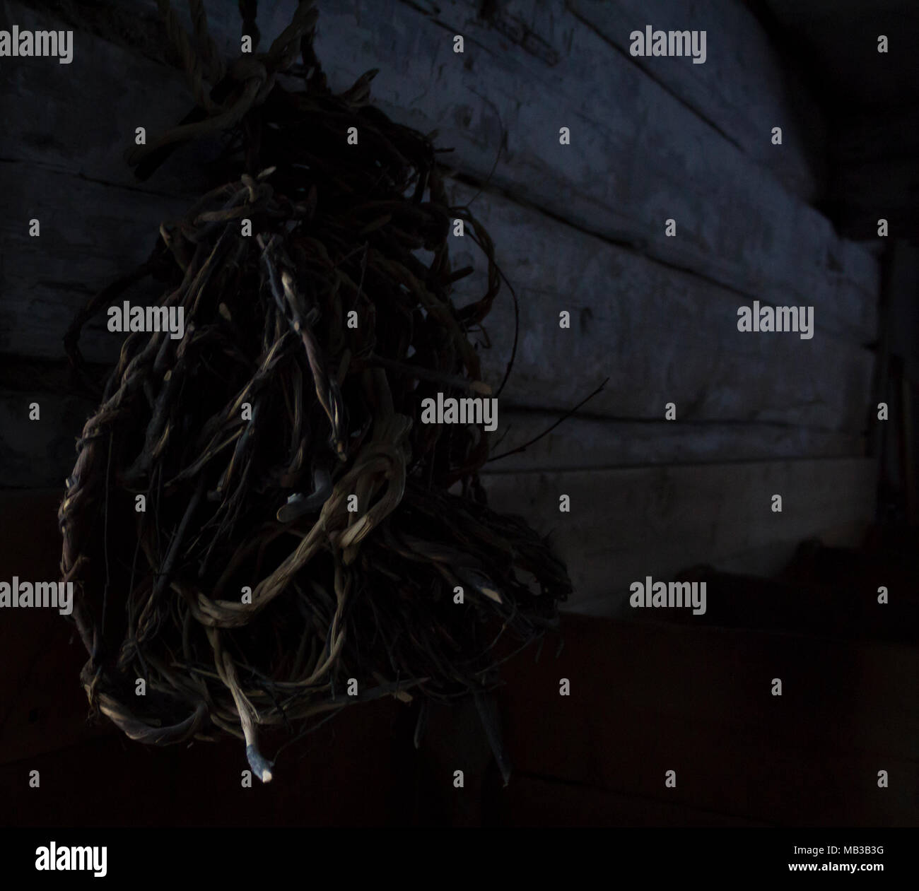 La corda in un pasticcio in un vecchio stabile per il bestiame. Foto Stock