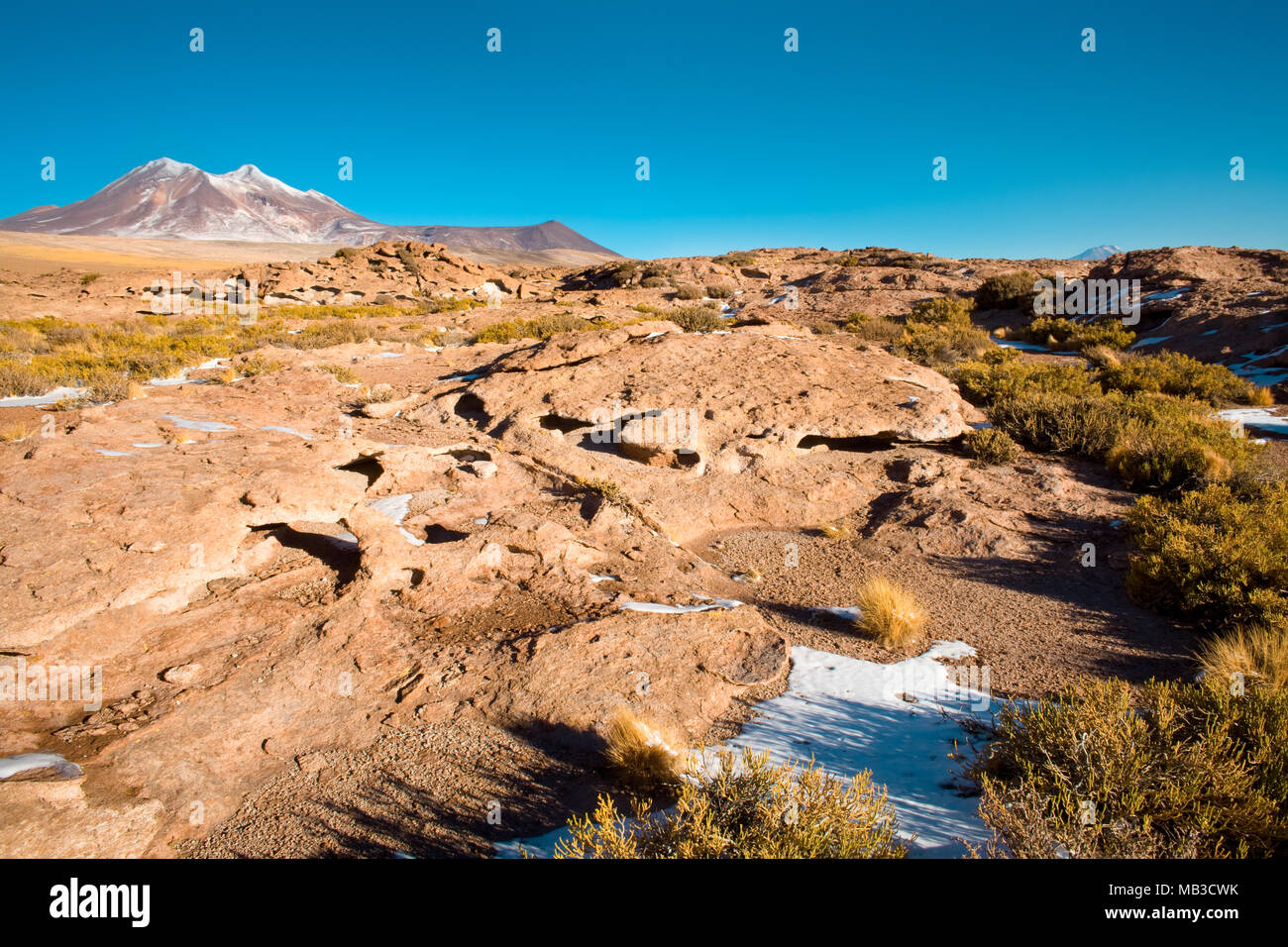 Le formazioni rocciose di lava a secco, con Cerro Miniques (Miniques hill) in background nel Altiplano (alto altopiano andino), los Flamencos rese nazionali Foto Stock