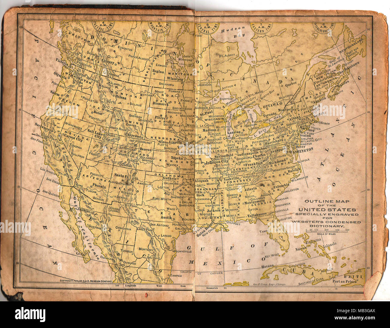 Una vecchia mappa degli Stati Uniti d'America dal dizionario Webster 1906 Foto Stock