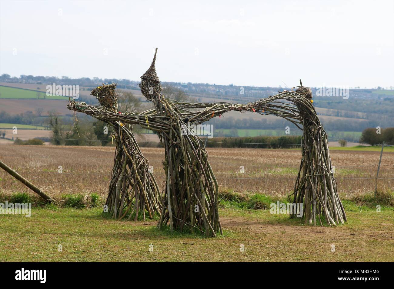 Tre fate ballare Rollright Stones, Cotswold Hill, Oxfordshire e confine Warwickshire, Regno Unito Foto Stock