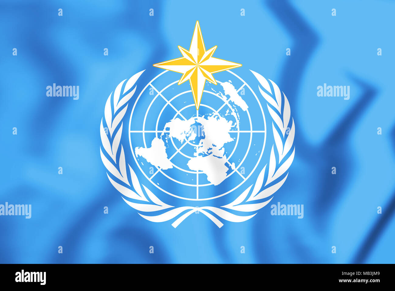 3D Bandiera della Organizzazione Meteorologica Mondiale. 3D'illustrazione. Foto Stock
