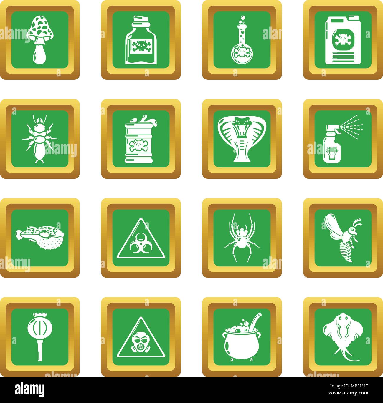Pericolo di veleno tossico set di icone quadrato verde vettore Illustrazione Vettoriale