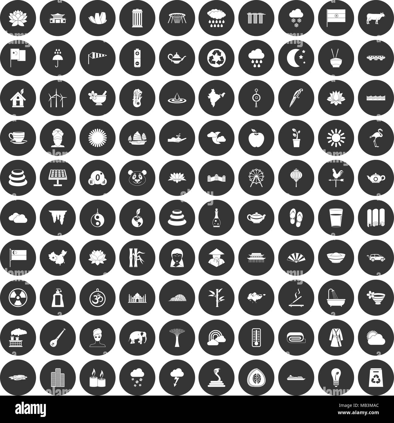 100 lotus set di icone cerchio nero Illustrazione Vettoriale