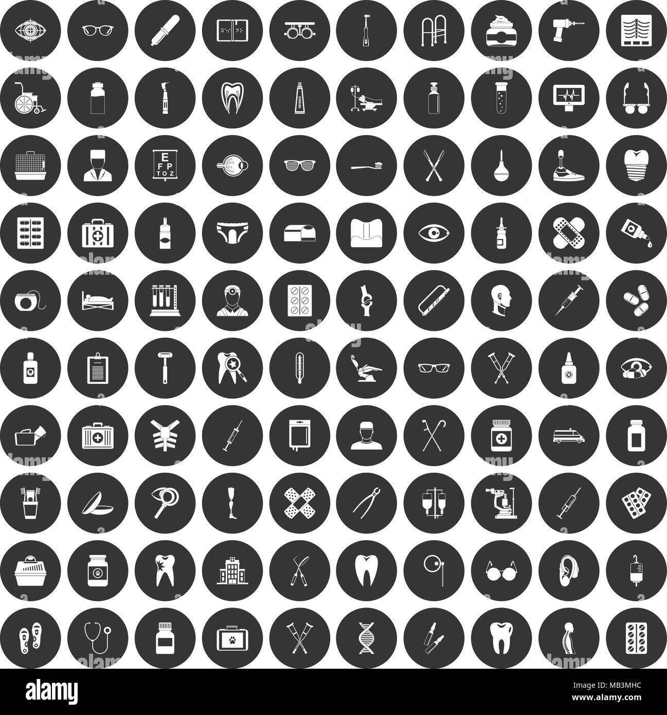 100 accessori medicali set di icone cerchio nero Illustrazione Vettoriale