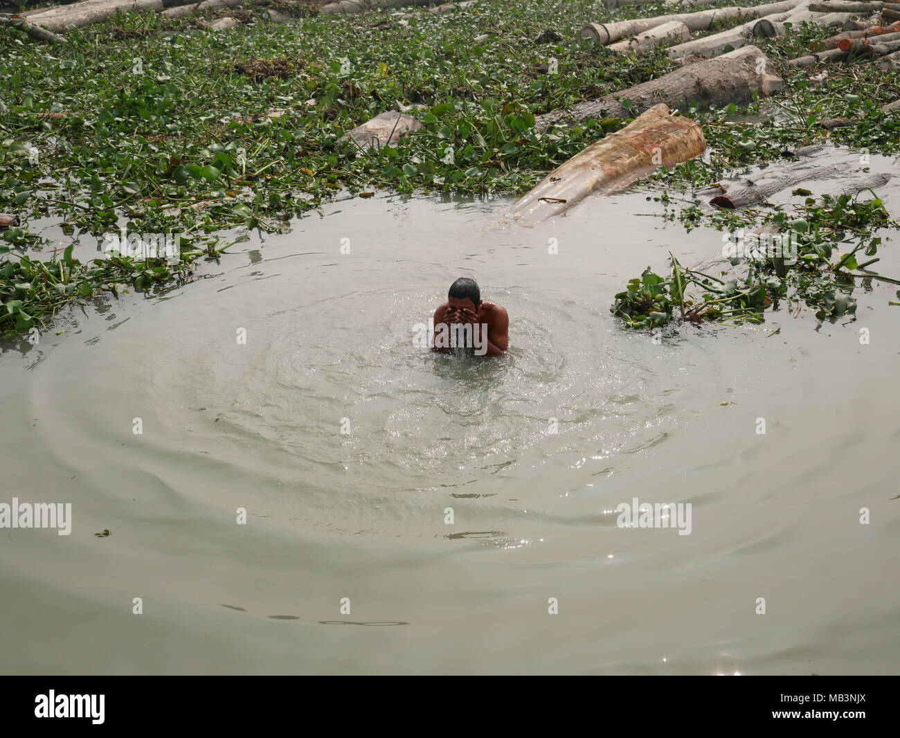 Fornitore tenendo bagno in legno flottante sul mercato. Nel delta dei fiumi Ganga (Padma), Brahmaputra e Meghna persone vivono sull'acqua. Area intorno al paese Banaripara è allagato con acqua. Le persone vivono in villaggi sulle rive dei canali del fiume. No il trasporto su strada è possibile. Solo acqua e le navi che li collegano con il resto del mondo. Ma la zona è molto vivace. Gli agricoltori coltivano frutta e verdura, il riso e le colture su 2 700 chilometri quadrati di territorio tra il fiume canali. I fornitori visita il loro cliente su barche. Mercati galleggianti con verdura, frutta, di riso o di legname sono comuni in questo settore. Persone Foto Stock